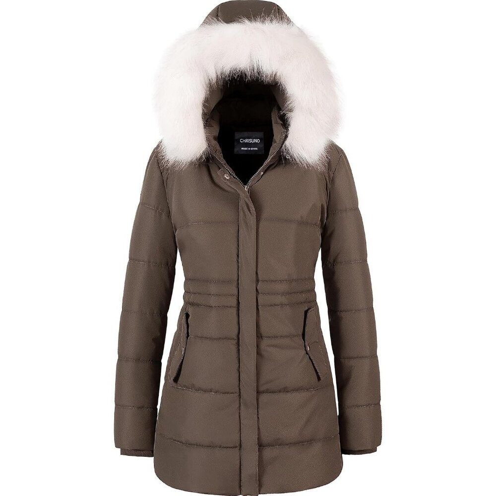 Women's Snow Puffer Jacket Coats Dark Brown Waterproof Removable Faux Trim Hood
